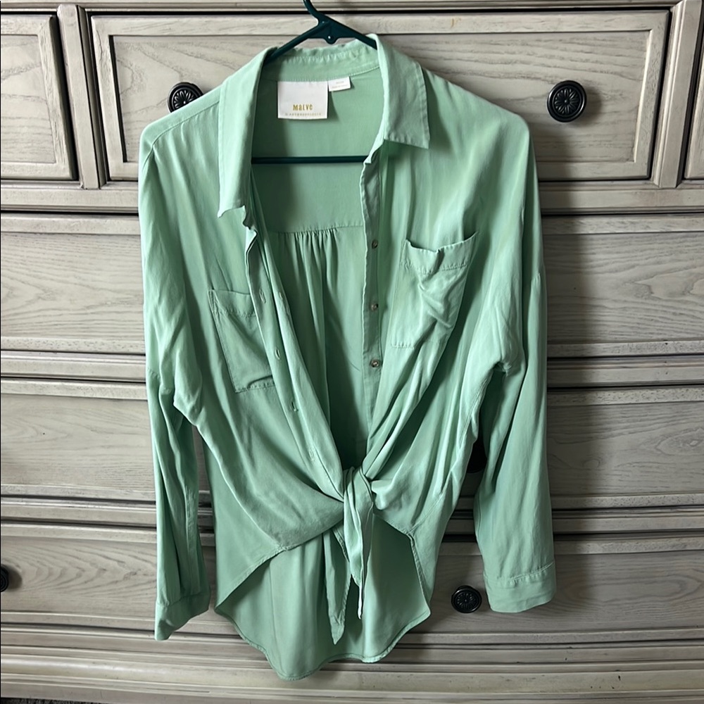 Anthropologie Green 3/4 Sleeve Tie Front Button Down Shirt Maeve Anthropology M